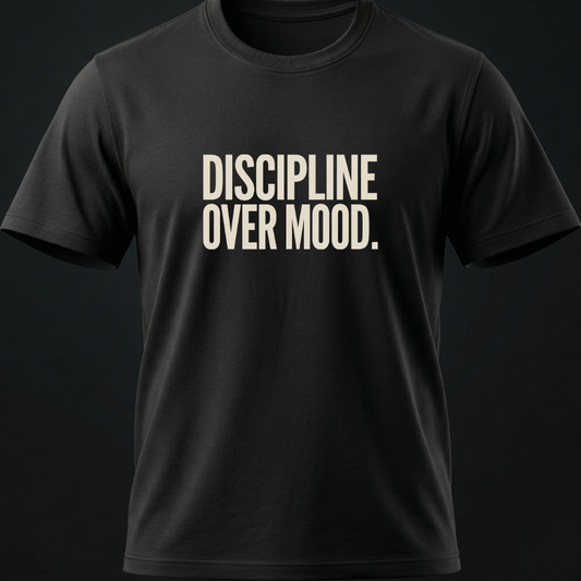 Discipline Over Mood Crew Neck. Mode Edition — Black, bone ink. Ghost 3D product view.